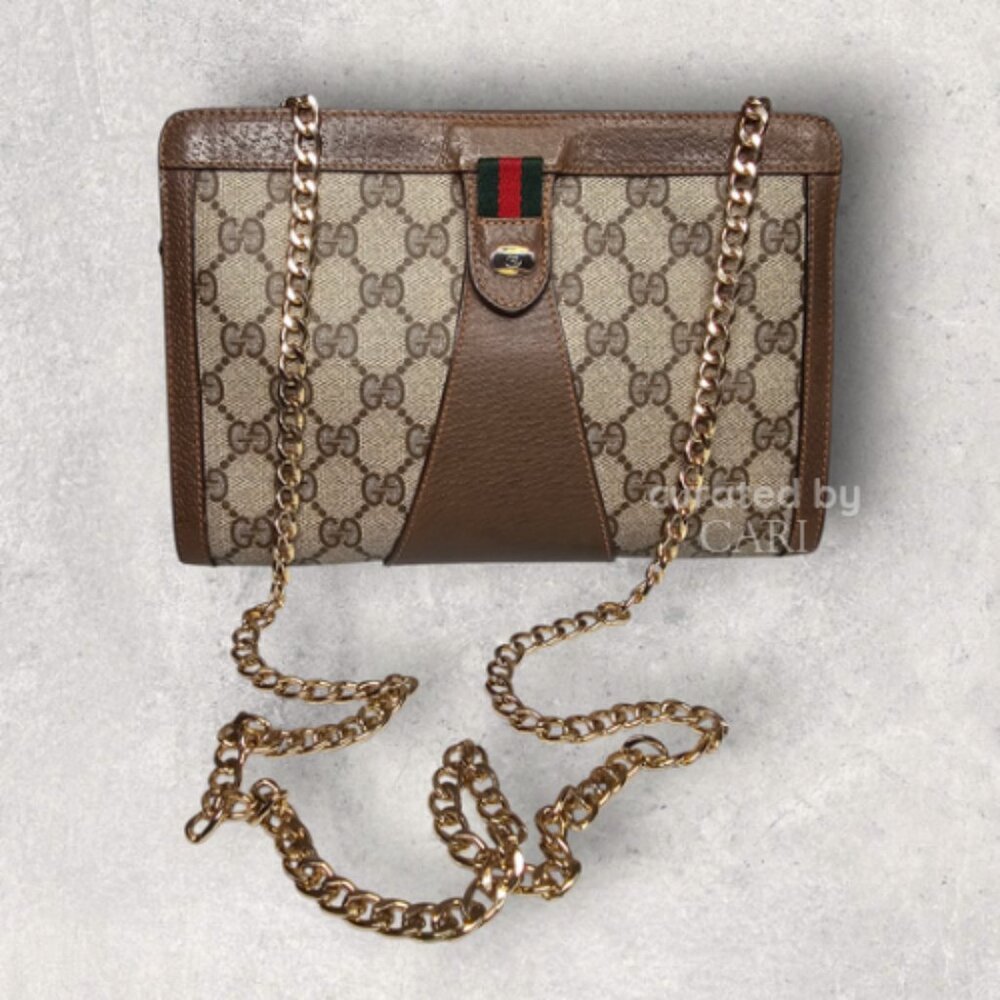VTG Gucci GG Supreme Monogram Chain Shoulder Crossbody Bag Brown Leather Trim